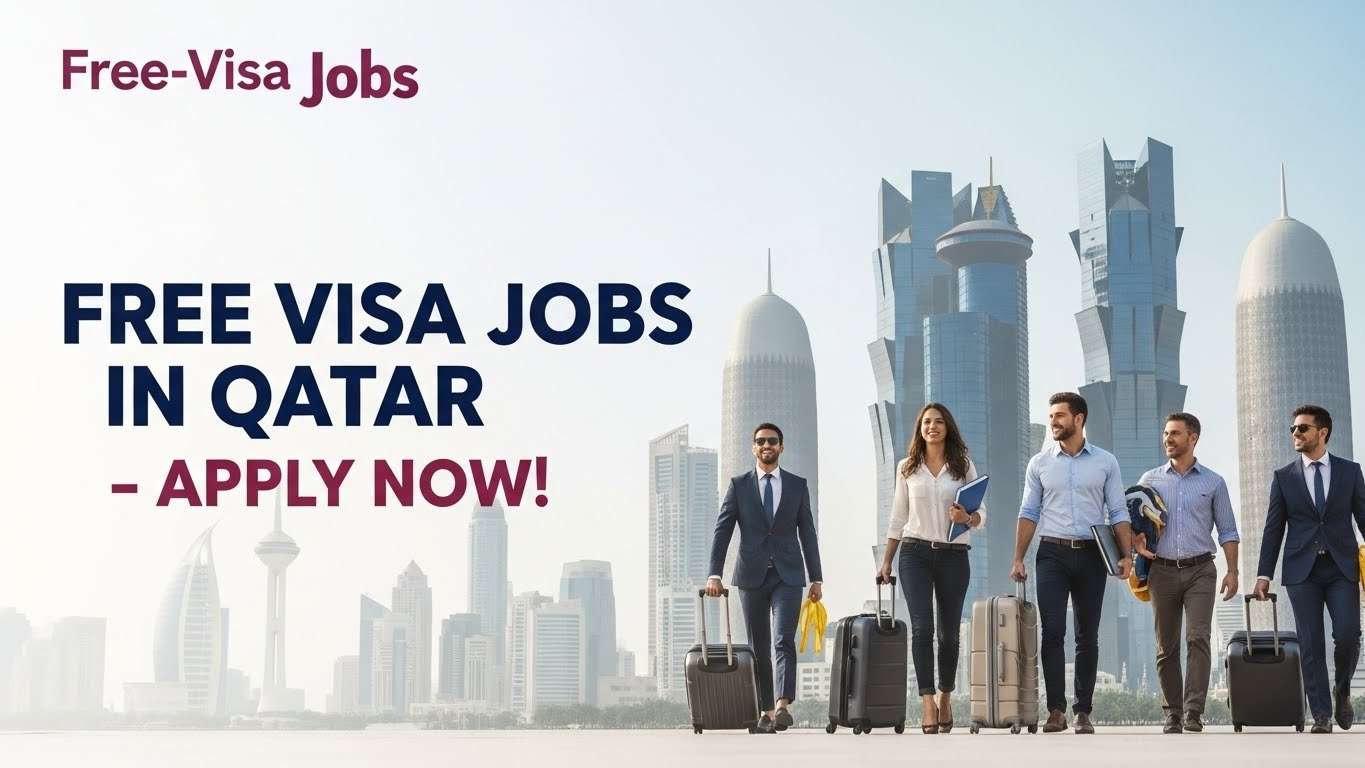 "Happy professionals celebrating free-visa jobs in Qatar with Qatar skyline in background, featuring bold text 'FREE VISA JOBS IN QATAR – APPLY NOW!'"