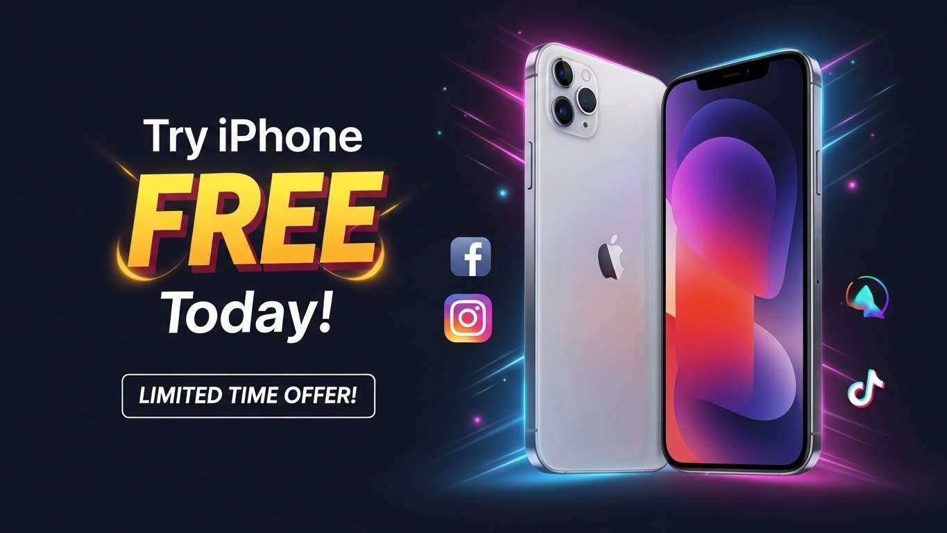 "Bright and eye-catching image of the latest iPhone with bold clickbait text saying 'Try iPhone FREE Today!' designed for social media engagement."
