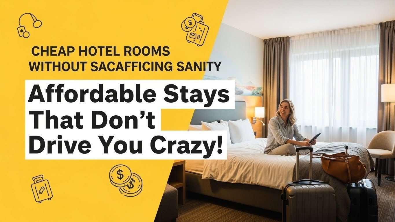 "Affordable hotel room with a happy traveler, emphasizing comfort, cleanliness, and budget-friendly stays without stress."