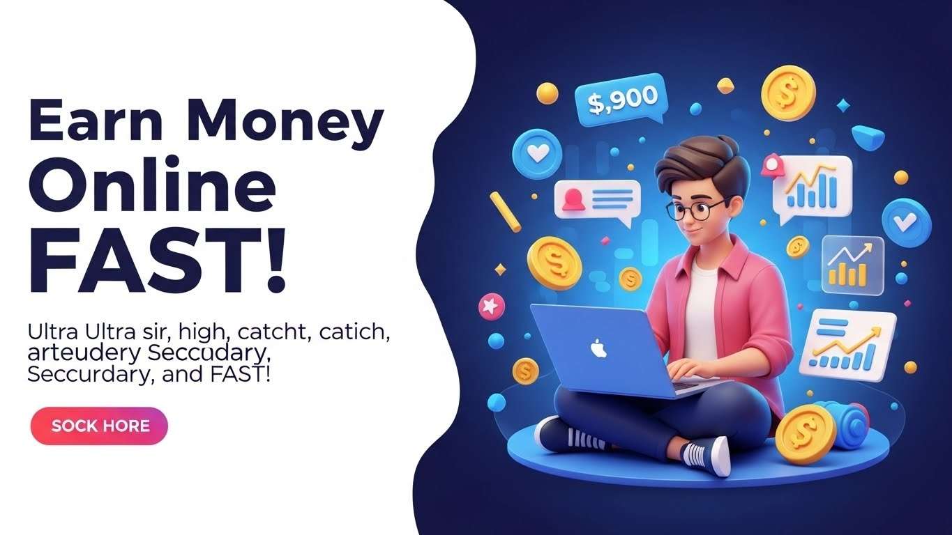 "Young professional earning money online on a laptop surrounded by digital icons and charts, with bold text 'Earn Money Online FAST!' in vibrant, eye-catching colors."