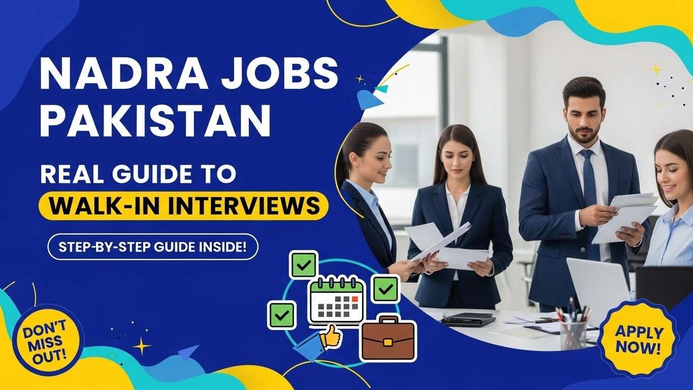 “NADRA Jobs Pakistan — Step-by-step guide for walk-in interviews with young professionals in a vibrant, modern office setting, featuring bold clickbait-style text for social media engagement.”