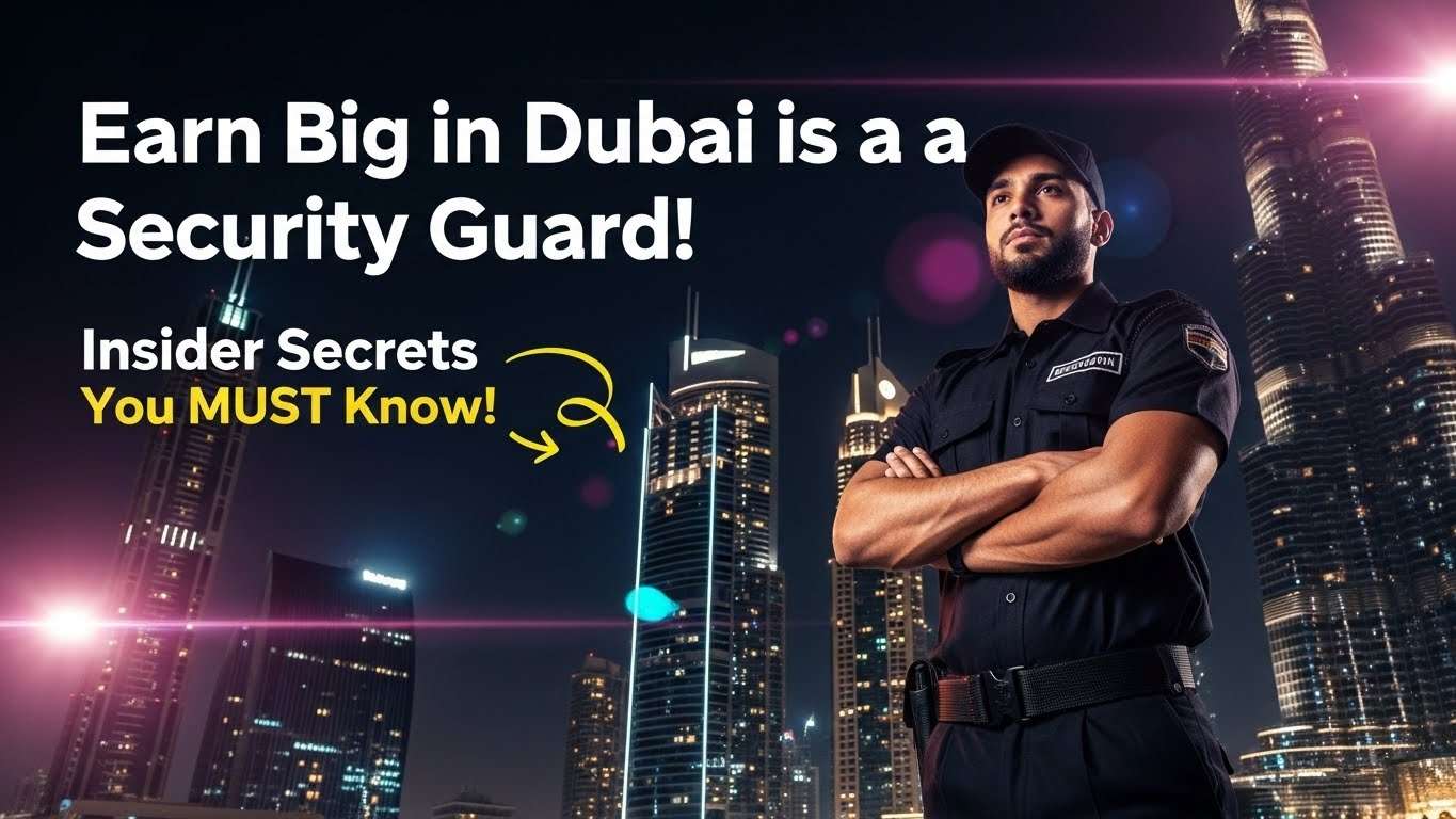 "Professional security guard in Dubai standing in front of iconic skyscrapers, highlighting opportunities to work and earn as a security guard in Dubai."