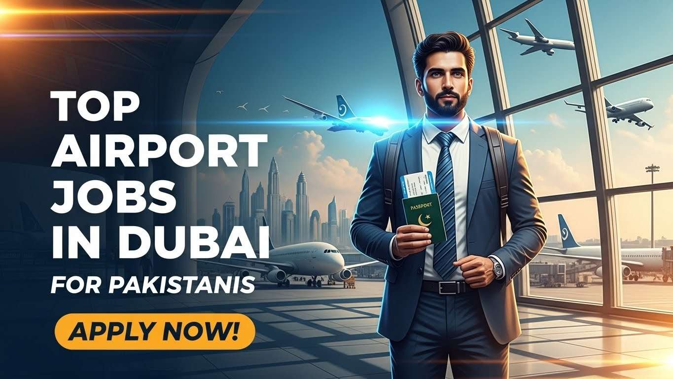 “Confident Pakistani professional at Dubai airport holding passport and boarding pass, with Dubai skyline in background – Airport Jobs in Dubai for Pakistanis.”