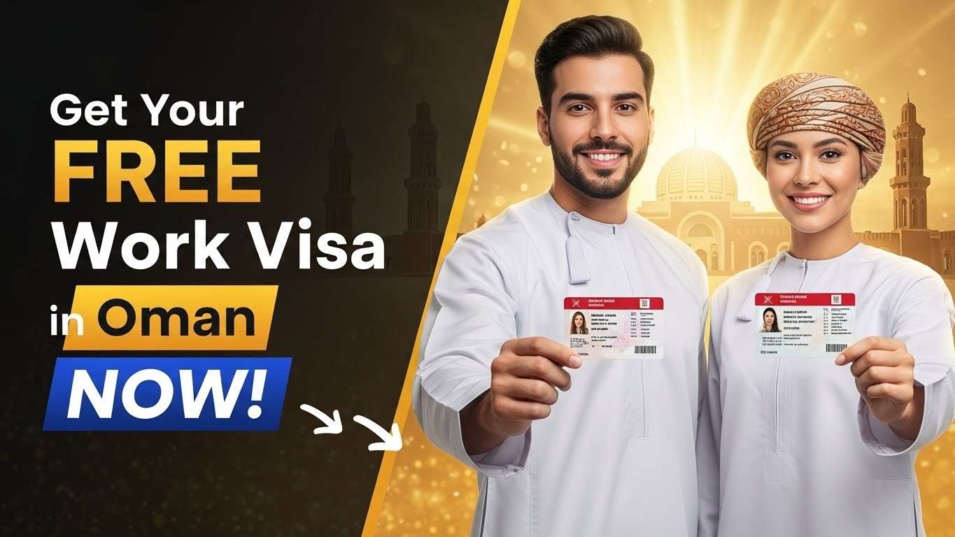 "Excited young professionals holding free work visas in Oman with bold clickbait text 'Get Your FREE Work Visa in Oman NOW!' and glowing golden background."